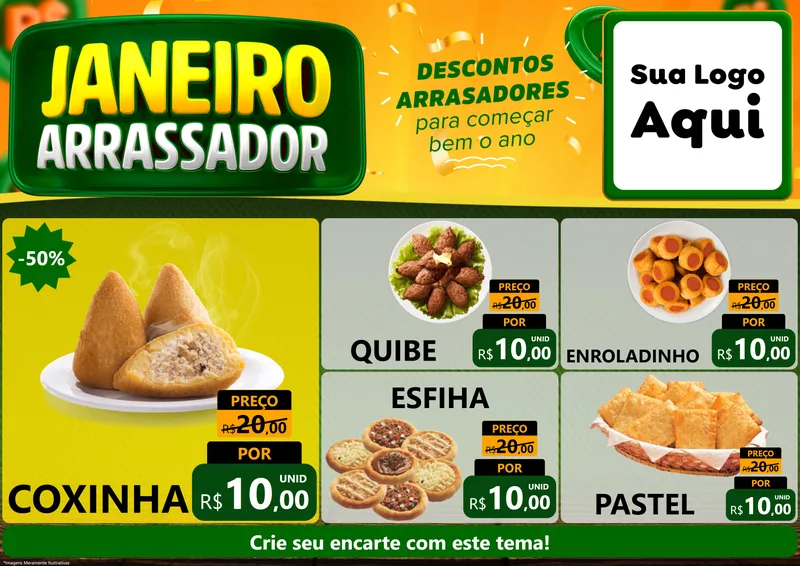 Modelo de Encarte para Encarte A4 Horizontal com o tema Janeiro Arrasador para Salgadaria
