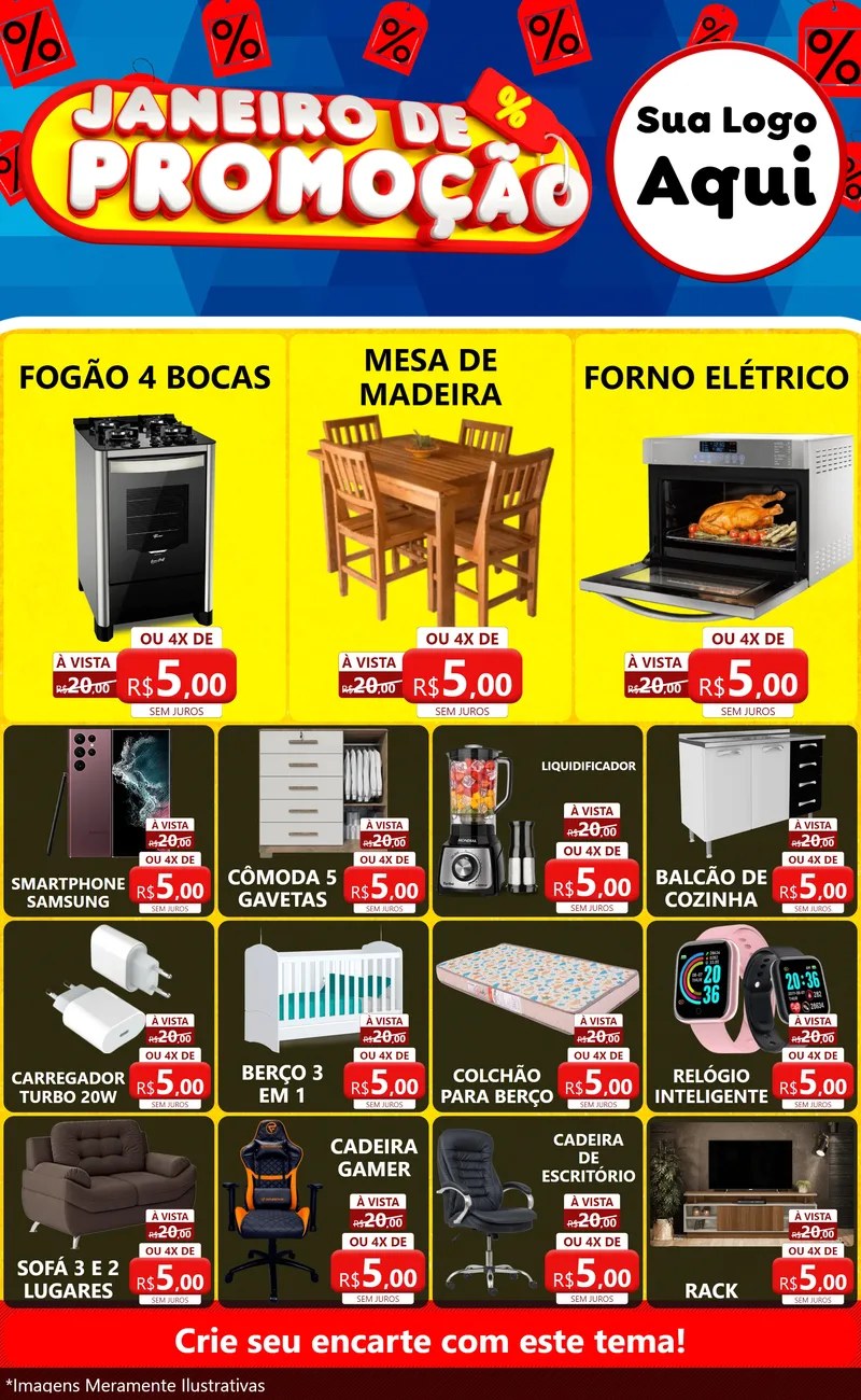 Modelo de Encarte para Encarte Grande com o tema Janeiro de Promoção para Móveis e Eletro