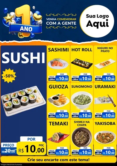 Modelo de Encarte para Encarte A4 Vertical com o tema Um Ano de Aniversário para Comida japonesa