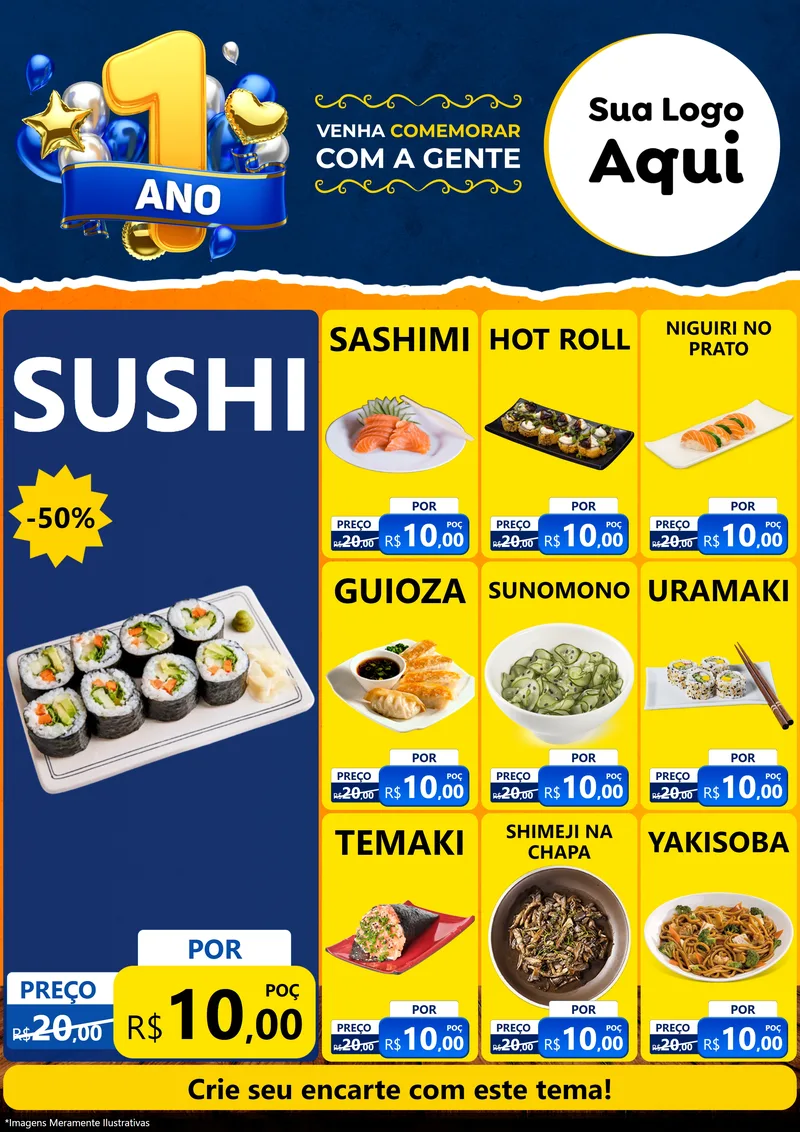 Modelo de Encarte para Encarte A4 Vertical com o tema Um Ano de Aniversário para Comida japonesa