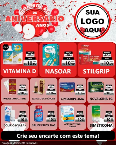 Modelo de Rede Social para Feed Instagram com o tema Promoção de Aniversário - 9 Anos para Farmácia