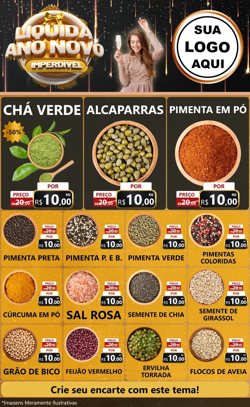 Modelo de Encarte para Encarte Grande com o tema Liquida Ano Novo Imperdível para Produtos Naturais