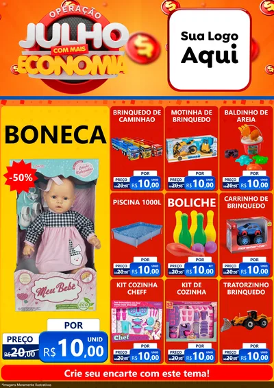 Modelo de Encarte para Encarte A4 Vertical com o tema Operação Julho Com Mais Economia para Brinquedos