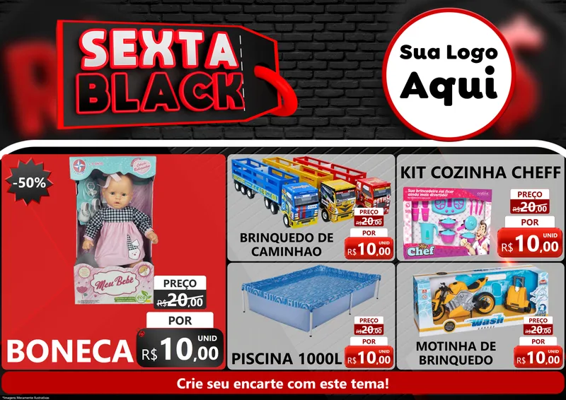 Modelo de Encarte para Encarte A4 Horizontal com o tema Sexta Black para Brinquedos
