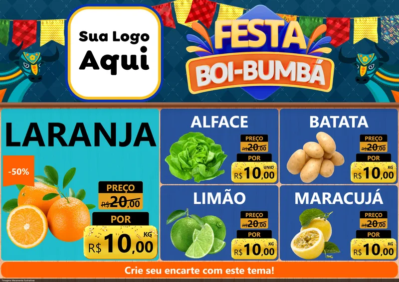 Modelo de Encarte para Encarte A4 Horizontal com o tema Festa Boi Bumbá para Hortifrúti