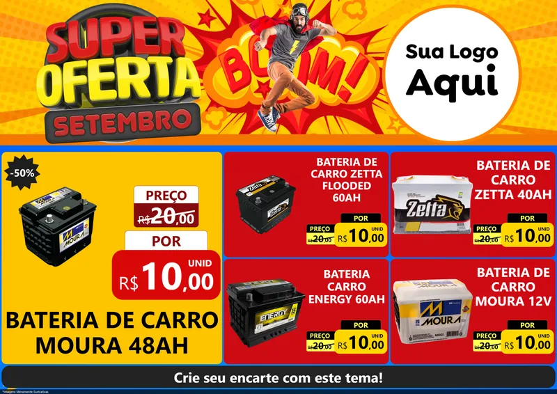 Modelo de Encarte para Encarte A4 Horizontal com o tema Super Oferta Setembro para Baterias Elétricas