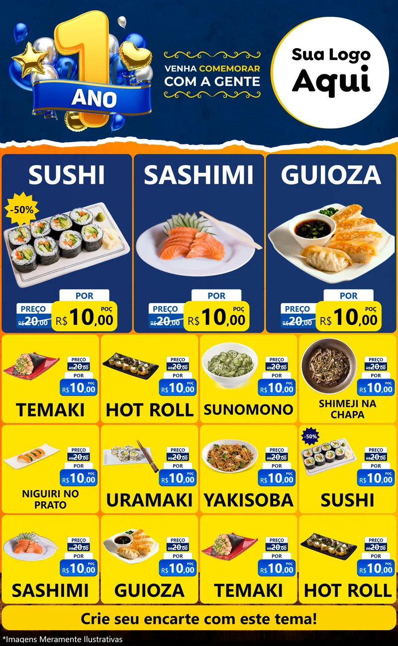 Modelo de Encarte para Encarte Grande com o tema Um Ano de Aniversário para Comida japonesa