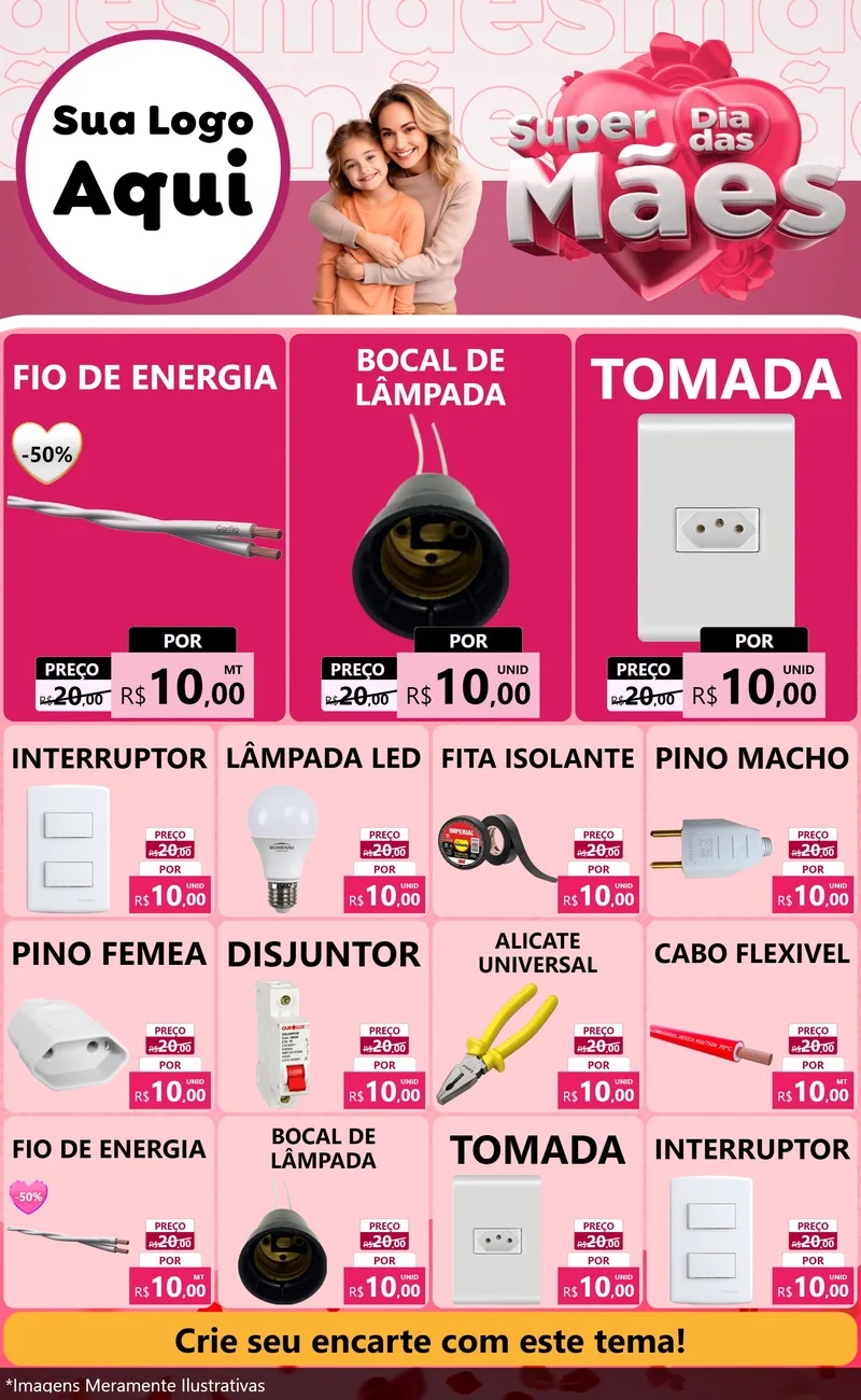 Modelo de Encarte para Encarte Grande com o tema Super Dia Das Mães para Materiais Elétricos