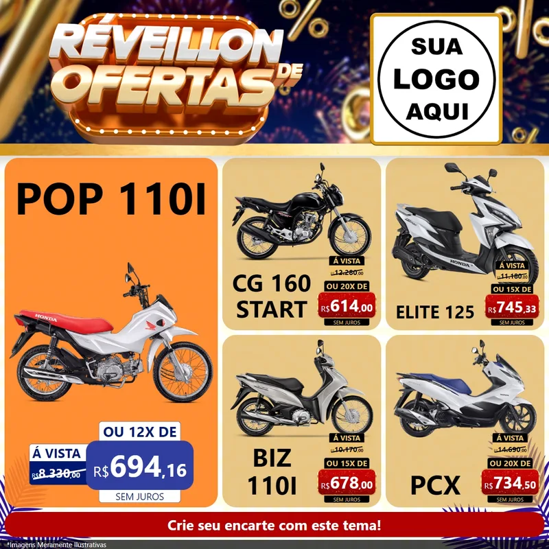 Modelo de Rede Social para Feed Facebook com o tema Réveillon de Ofertas para Concessionaria de Motos