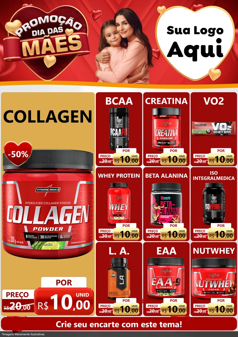 Modelo de Encarte para Encarte A4 Vertical com o tema Promoção Dia das Mães para Suplementos alimentares
