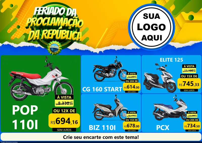 Modelo de Encarte para Encarte A4 Horizontal com o tema Feriado da Proclamação da República para Concessionaria de Motos