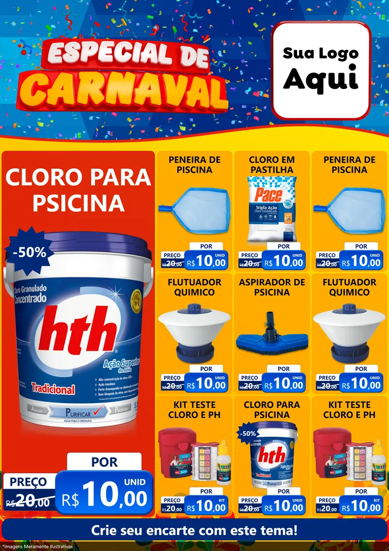 Modelo de Encarte para Encarte A4 Vertical com o tema Especial de Carnaval para Produtos para Piscina