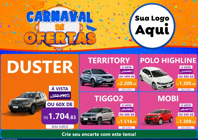Modelo de Encarte para Encarte A4 Horizontal com o tema Carnaval de Ofertas para Concessionaria de Carros