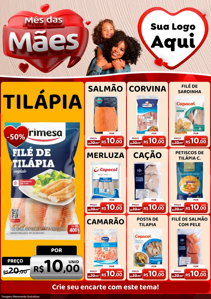 Modelo de Encarte para Encarte A4 Vertical com o tema Mês das Mães para Peixaria
