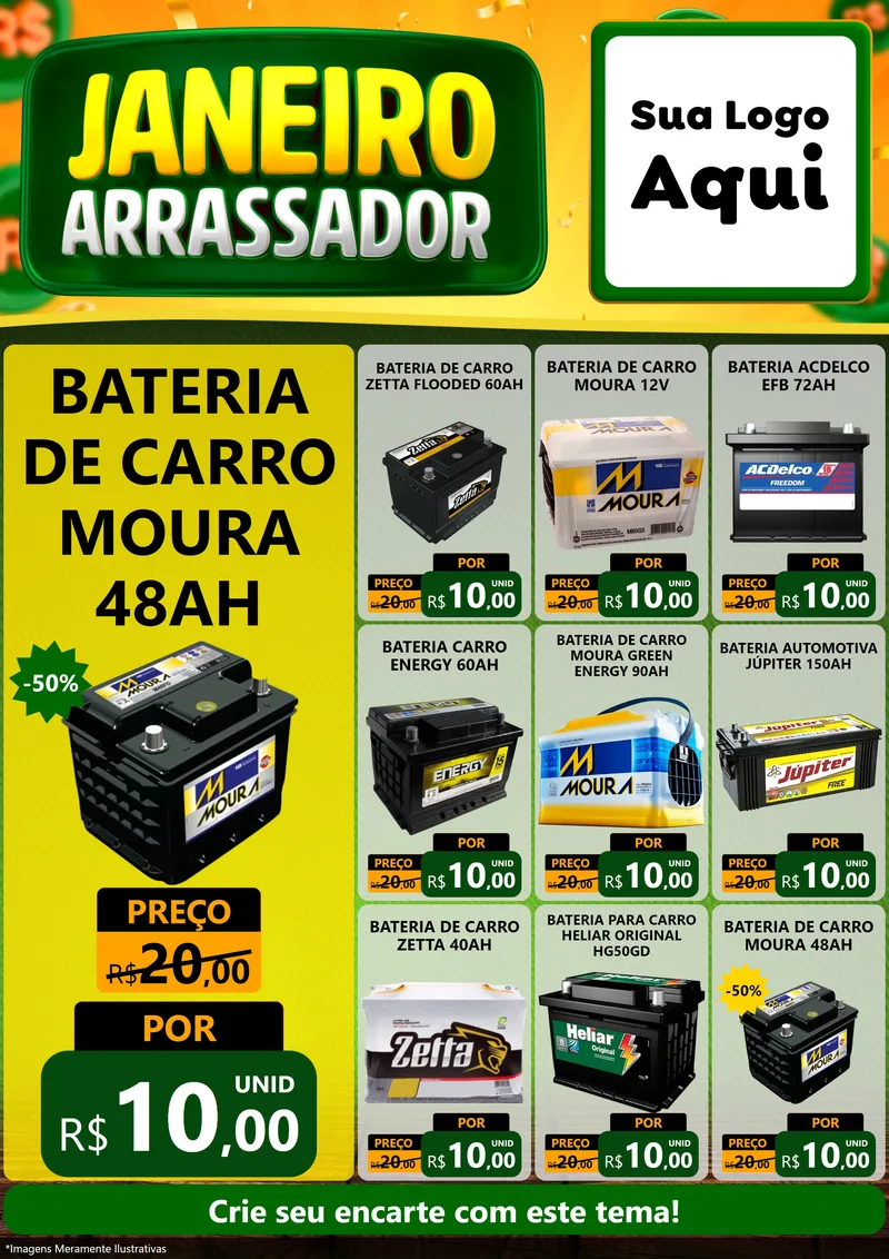 Modelo de Encarte para Encarte A4 Vertical com o tema Janeiro Arrasador para Baterias Elétricas