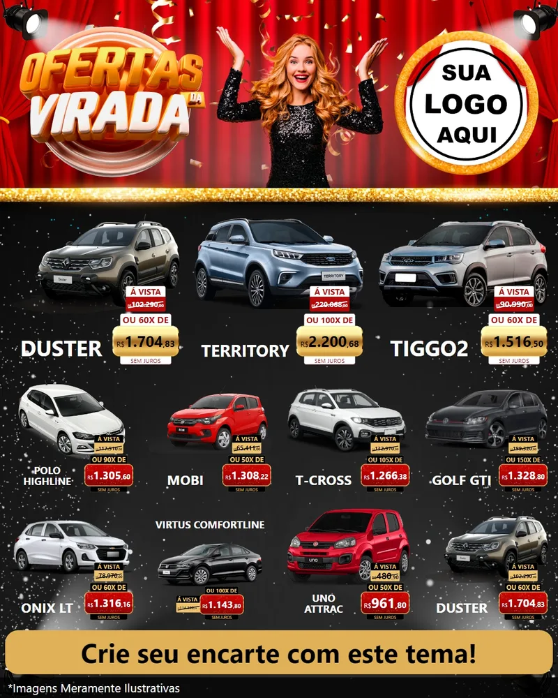 Modelo de Rede Social para Feed Instagram com o tema Ofertas da Virada para Concessionaria de Carros