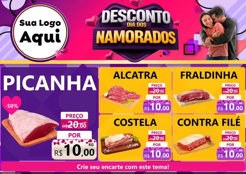 Modelo de Encarte para Encarte A4 Horizontal com o tema Desconto Dia dos Namorados para Açougue
