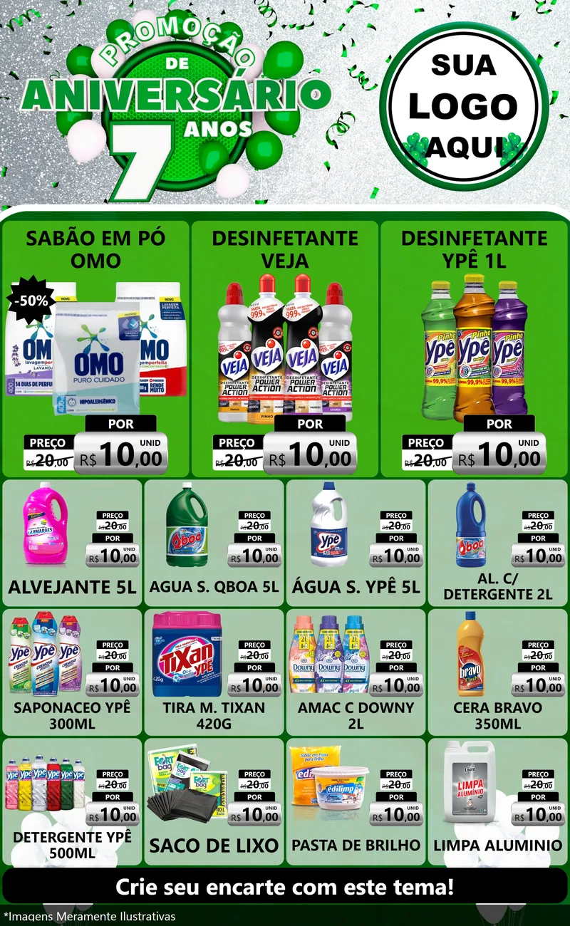 Modelo de Encarte para Encarte Grande com o tema Promoção de Aniversário - 7 Anos para Produtos de Limpeza