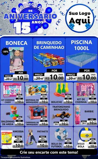 Modelo de Encarte para Encarte Grande com o tema Promoção de Aniversário - 15 Anos para Brinquedos