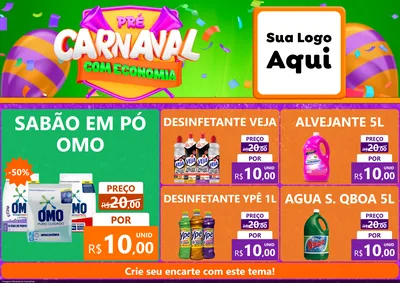 Modelo de Encarte para Encarte A4 Horizontal com o tema Pré-Carnaval Com Economia para Produtos de Limpeza