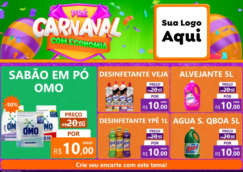 Modelo de Encarte para Encarte A4 Horizontal com o tema Pré-Carnaval Com Economia para Produtos de Limpeza