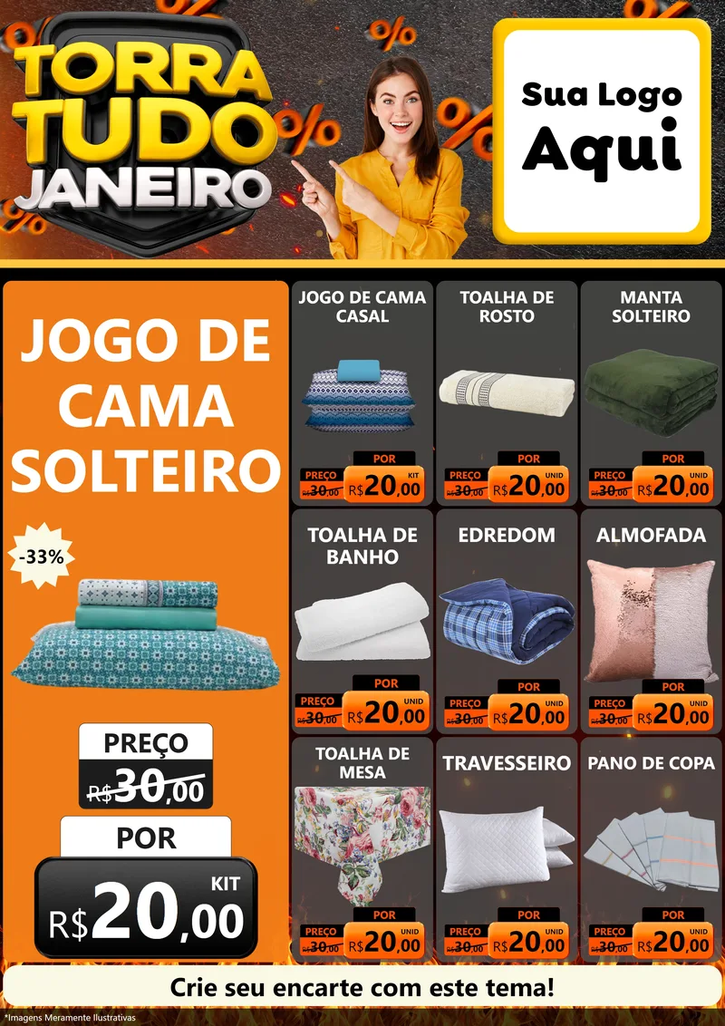 Modelo de Encarte para Encarte A4 Vertical com o tema Torra Tudo Janeiro para Cama, Mesa e Banho