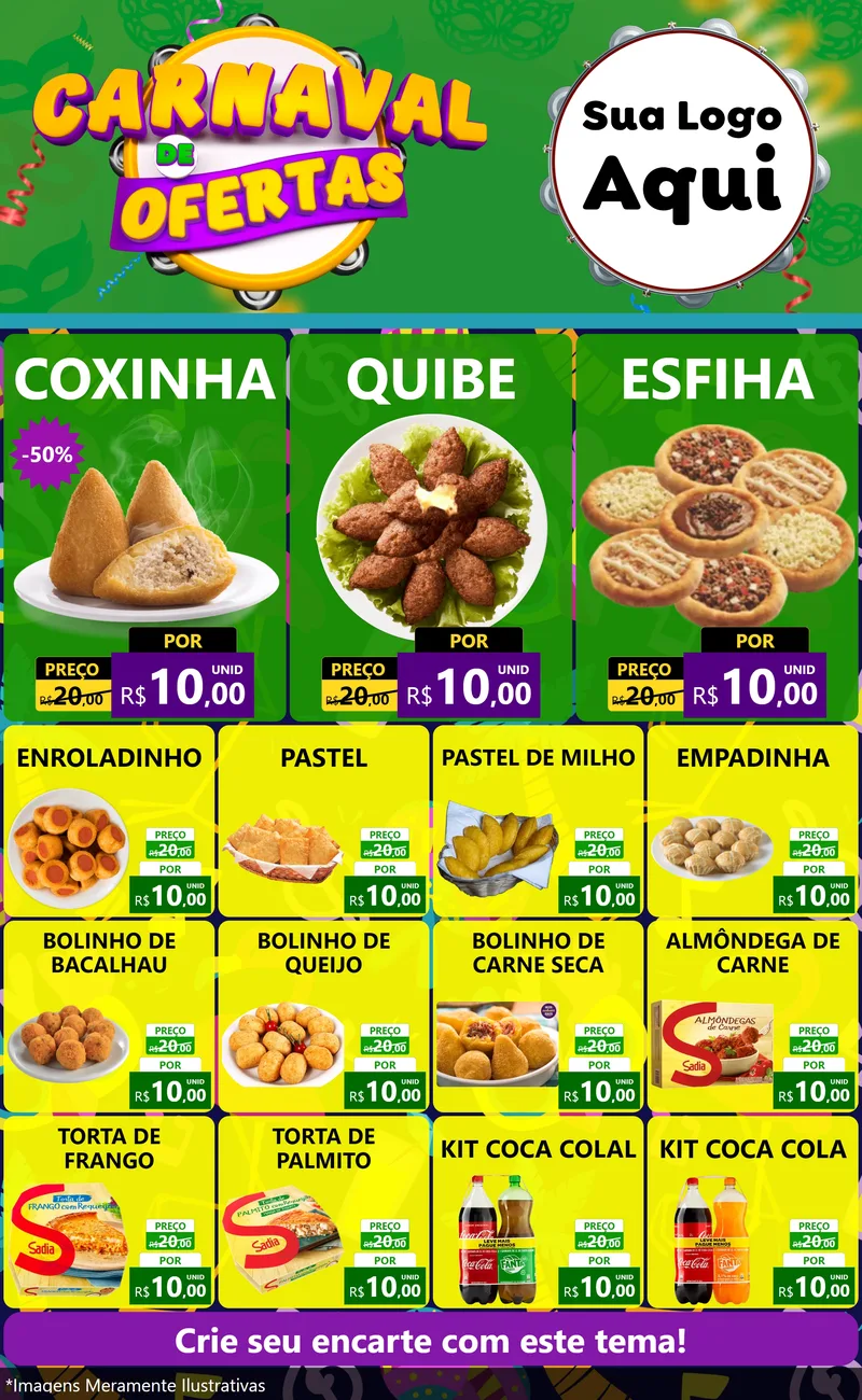 Modelo de Encarte para Encarte Grande com o tema Carnaval de Ofertas para Salgadaria