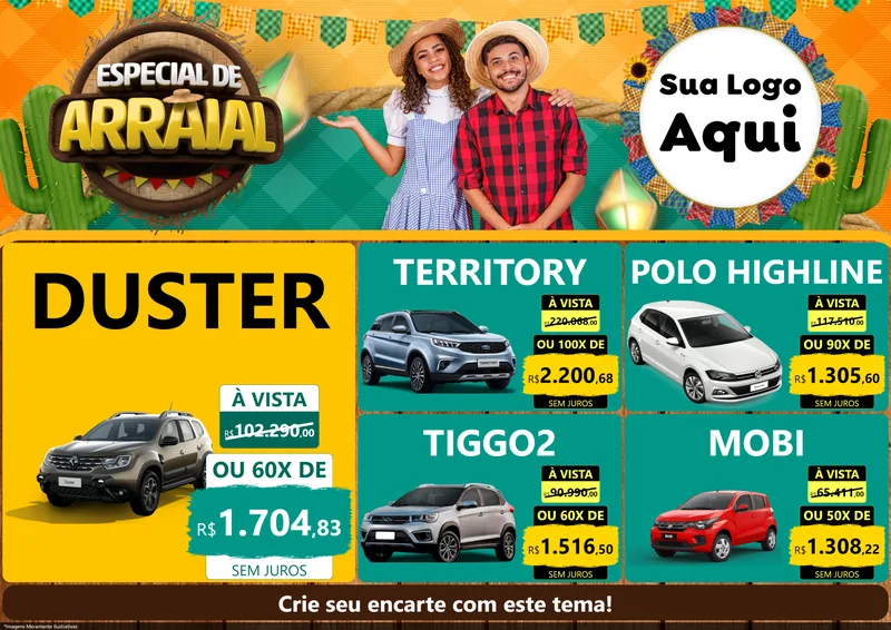 Modelo de Encarte para Encarte A4 Horizontal com o tema Especial De Arraial para Concessionaria de Carros
