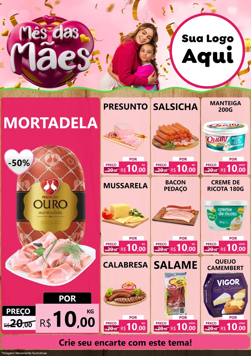 Modelo de Encarte para Encarte A4 Vertical com o tema Mês das Mães para Frios e Laticínios