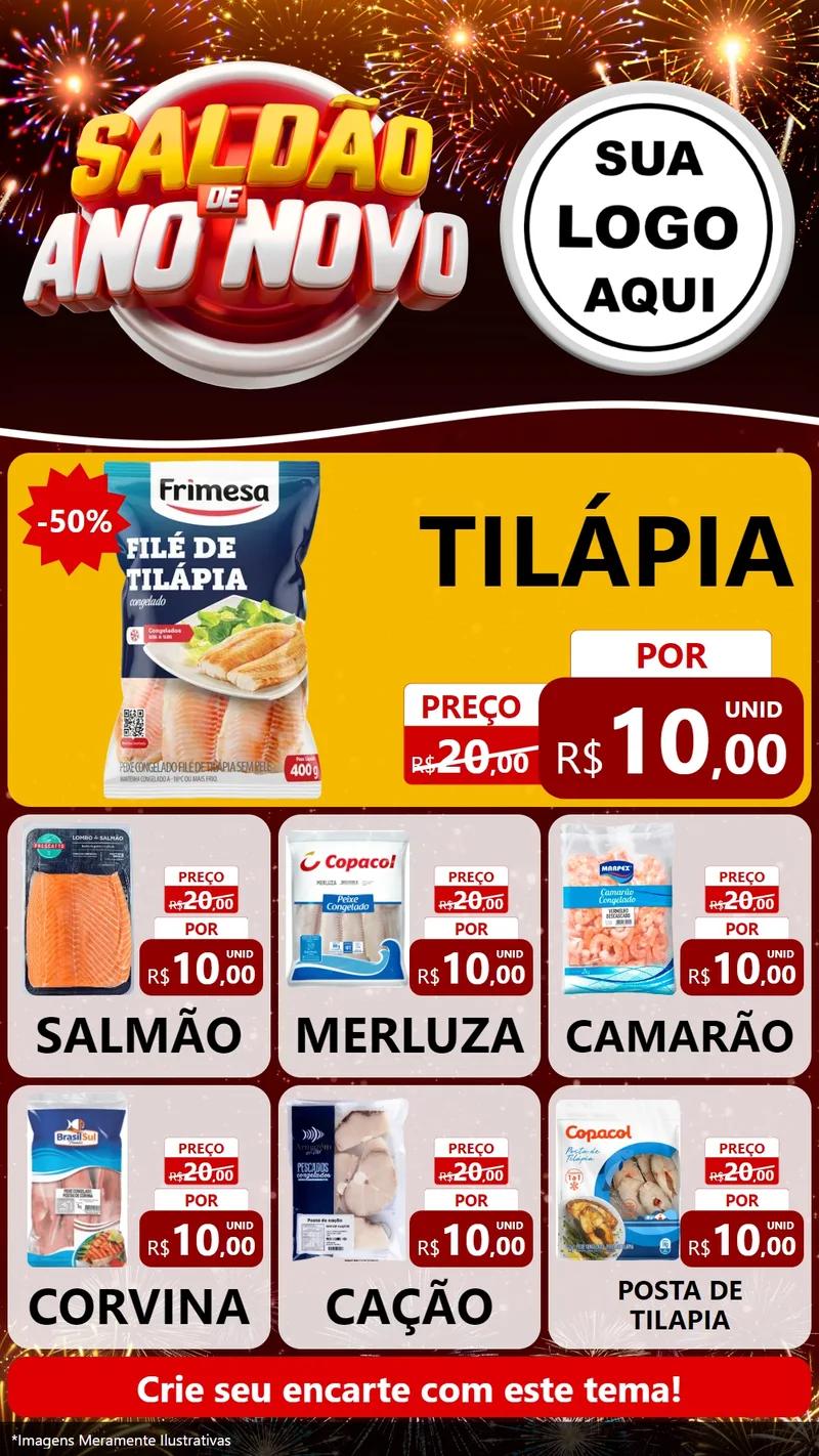 Modelo de Rede Social para Stories com o tema Saldão de Ano Novo para Peixaria