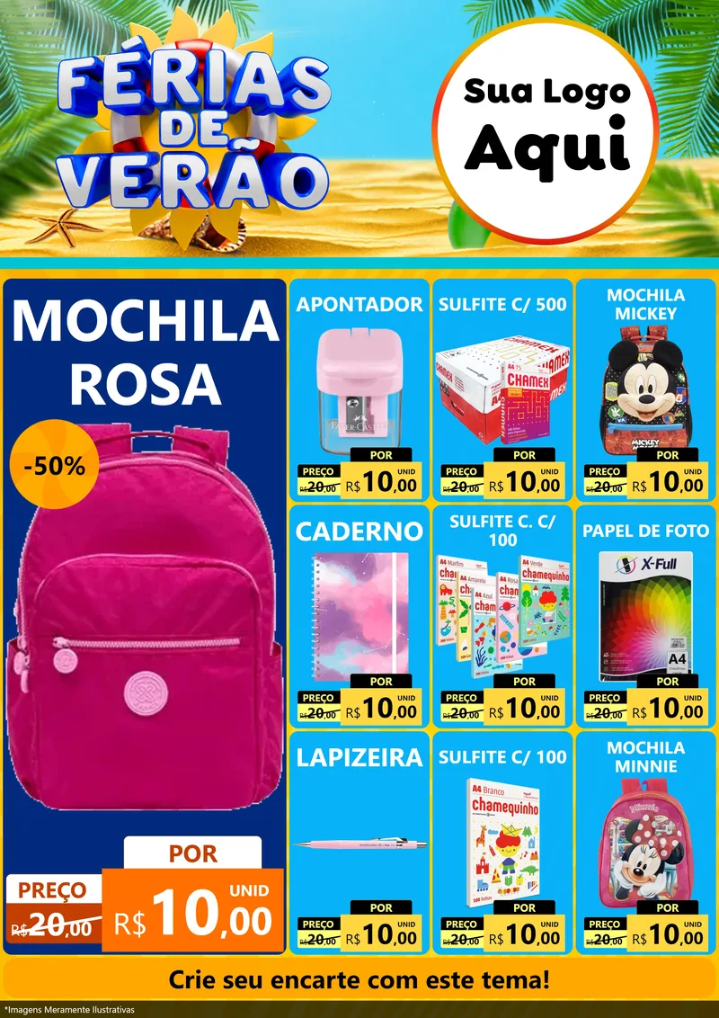 Modelo de Encarte para Encarte A4 Vertical com o tema Férias de Verão para Papelaria