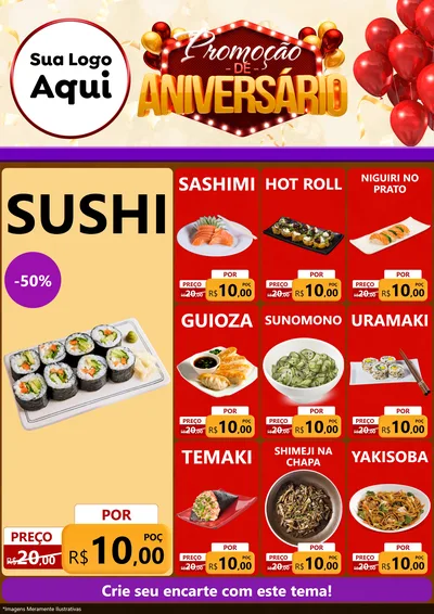 Modelo de Encarte para Encarte A4 Vertical com o tema Promoção de Aniversário para Comida japonesa