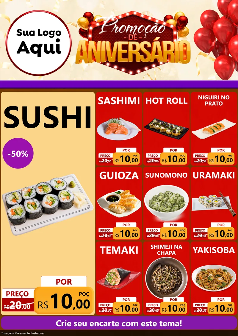 Modelo de Encarte para Encarte A4 Vertical com o tema Promoção de Aniversário para Comida japonesa
