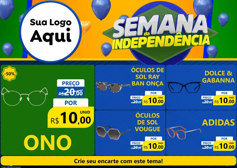 Modelo de Encarte para Encarte A4 Horizontal com o tema Semana da Independência para Óticas