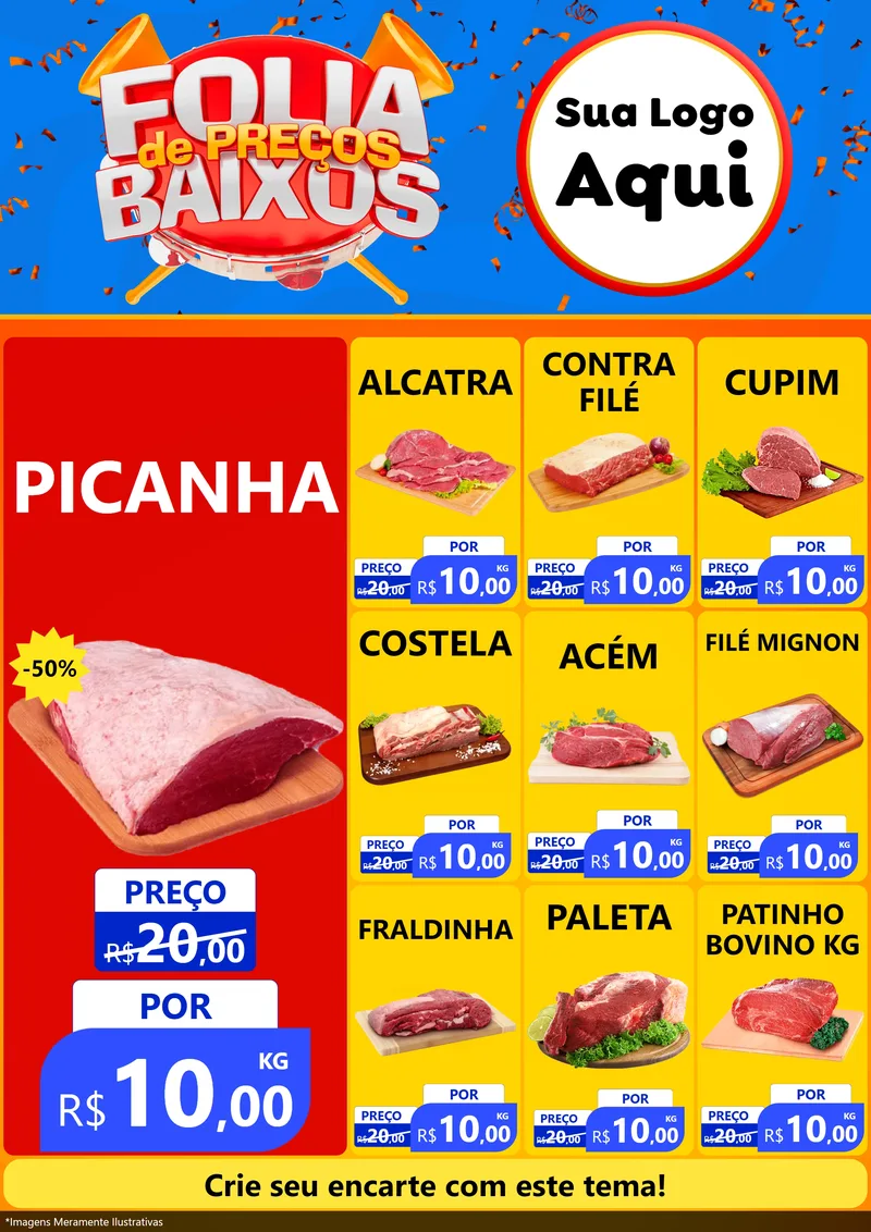 Modelo de Encarte para Encarte A4 Vertical com o tema Folia de Preços Baixos para Açougue