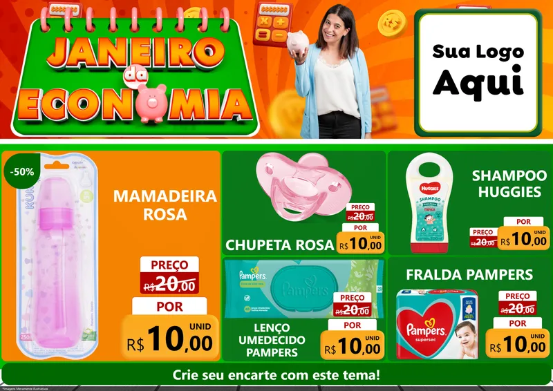 Modelo de Encarte para Encarte A4 Horizontal com o tema Janeiro da Economia para Bebês