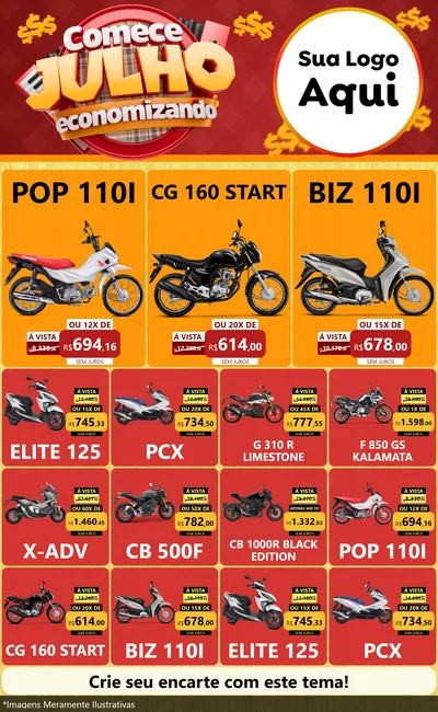 Modelo de Encarte para Encarte Grande com o tema Comece Julho Economizando para Concessionaria de Motos