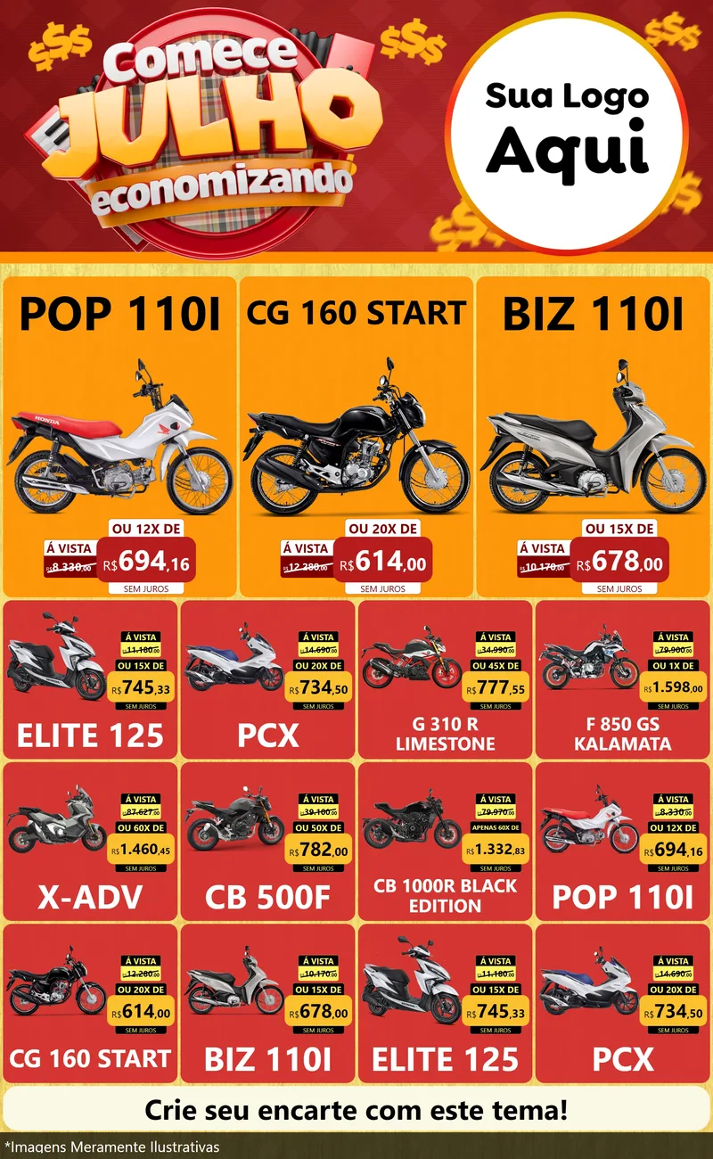 Modelo de Encarte para Encarte Grande com o tema Comece Julho Economizando para Concessionaria de Motos