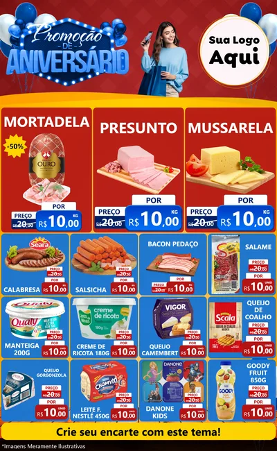 Modelo de Encarte para Encarte Grande com o tema Promoção de Aniversário para Frios e Laticínios