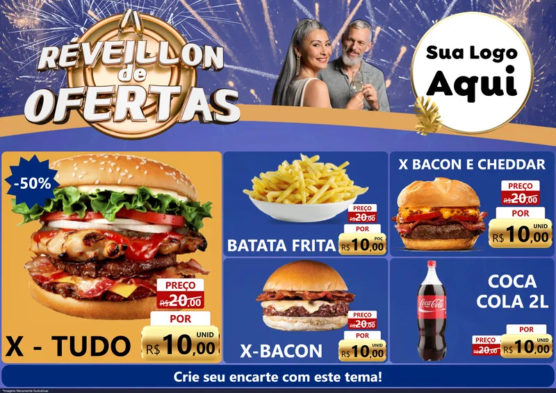 Modelo de Encarte para Encarte A4 Horizontal com o tema Réveillon de Ofertas para Hamburgueria
