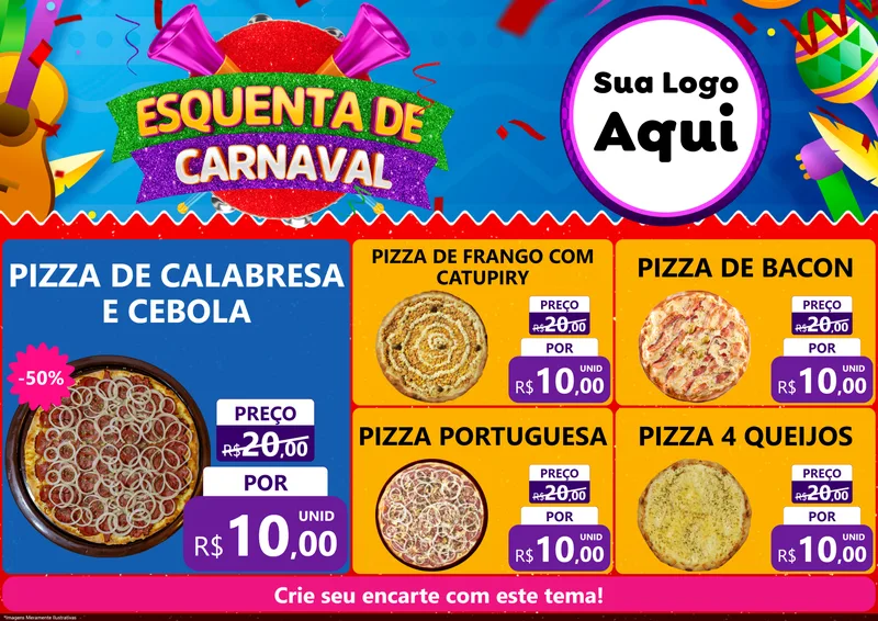Modelo de Encarte para Encarte A4 Horizontal com o tema Esquenta de Carnaval para Pizzaria