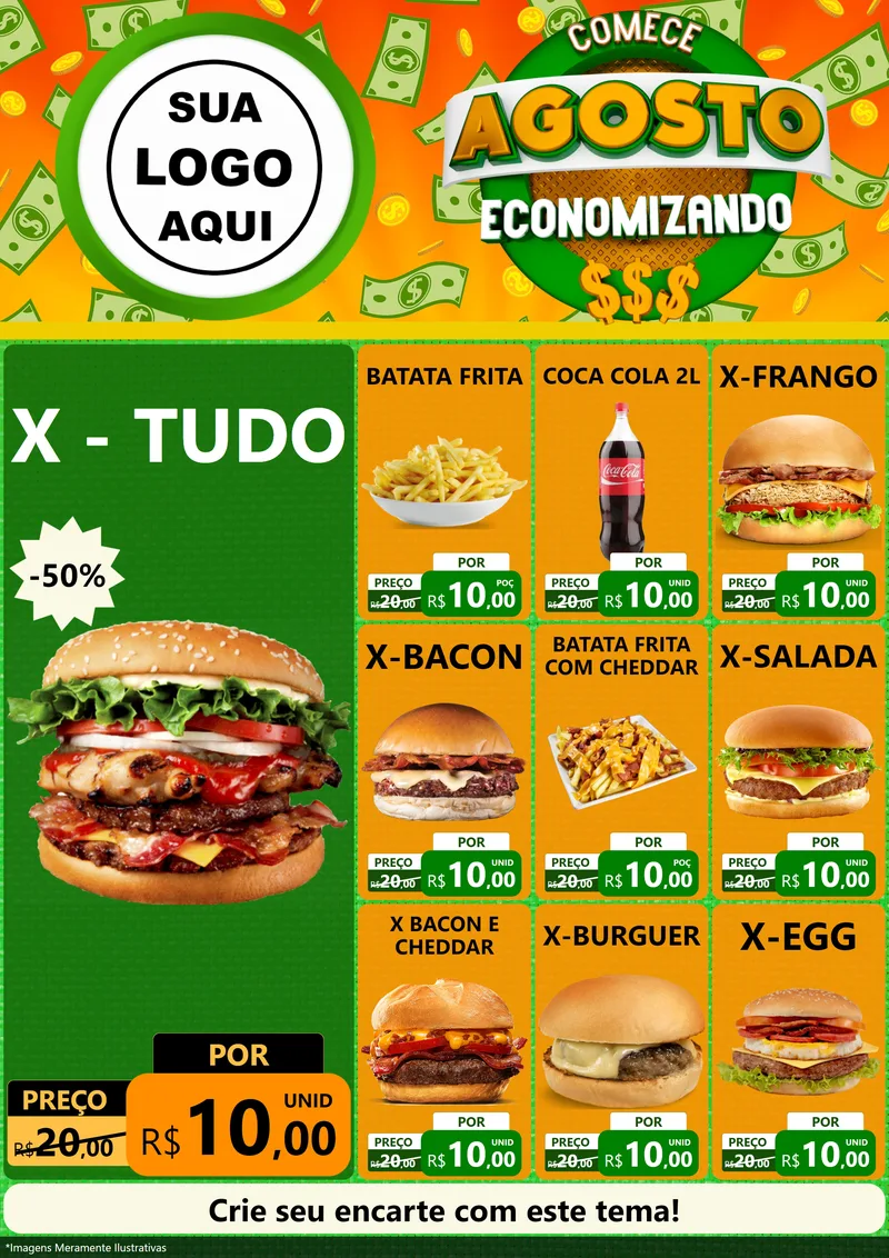 Modelo de Encarte para Encarte A4 Vertical com o tema Comece Agosto Economizando para Hamburgueria