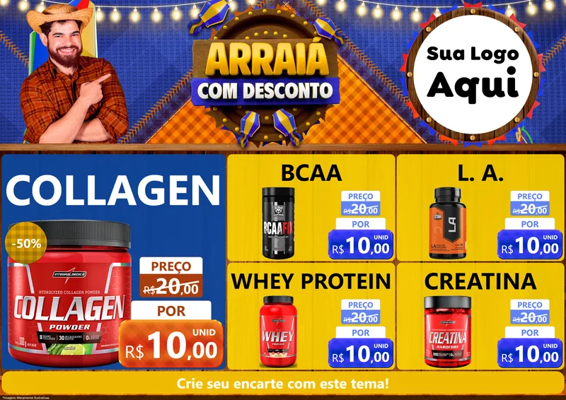 Modelo de Encarte para Encarte A4 Horizontal com o tema Arraiá Com Desconto para Suplementos alimentares