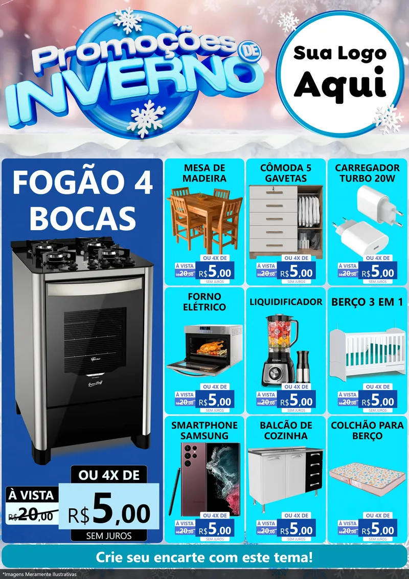 Modelo de Encarte para Encarte A4 Vertical com o tema Promoções de Inverno para Móveis e Eletro