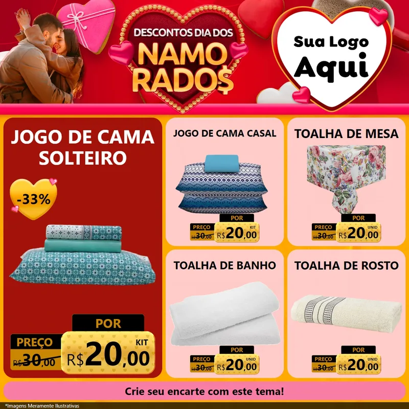 Modelo de Rede Social para Feed Facebook com o tema Descontos Dia dos Namorados para Cama, Mesa e Banho