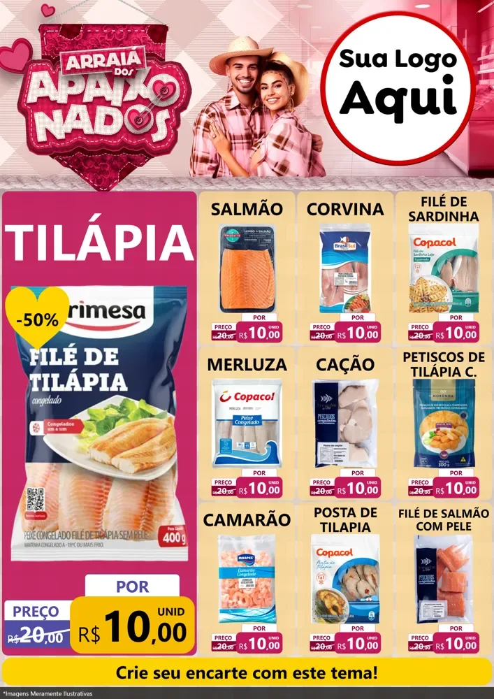 Modelo de Encarte para Encarte A4 Vertical com o tema Arraiá dos Apaixonados - Junina para Peixaria