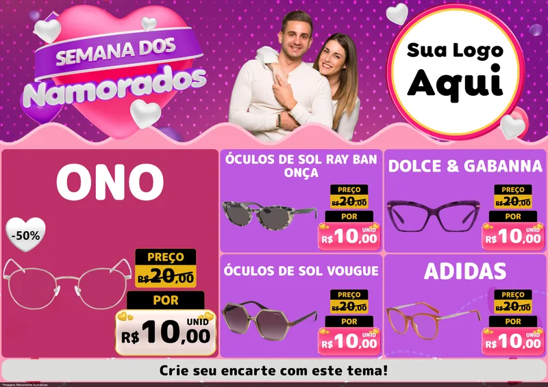 Modelo de Encarte para Encarte A4 Horizontal com o tema Semana dos Namorados para Óticas