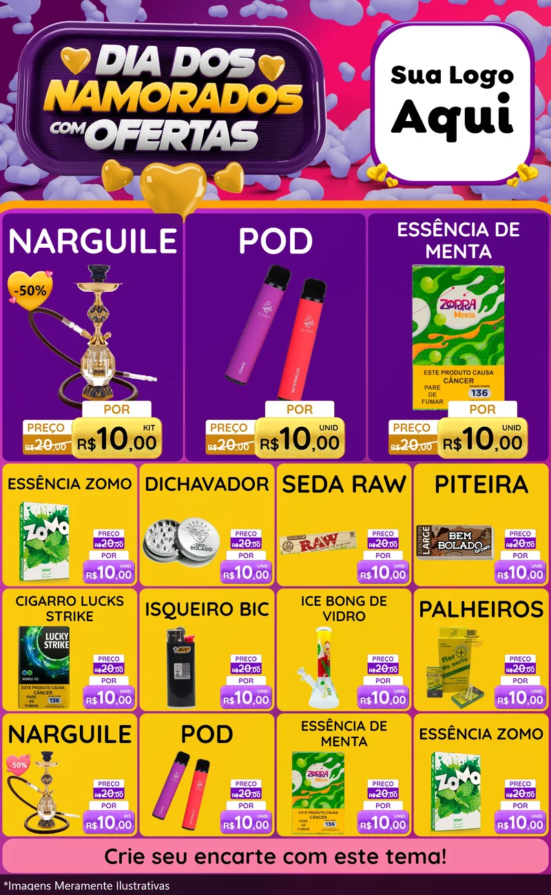 Modelo de Encarte para Encarte Grande com o tema Dia Dos Namorados Com Ofertas para Tabacaria