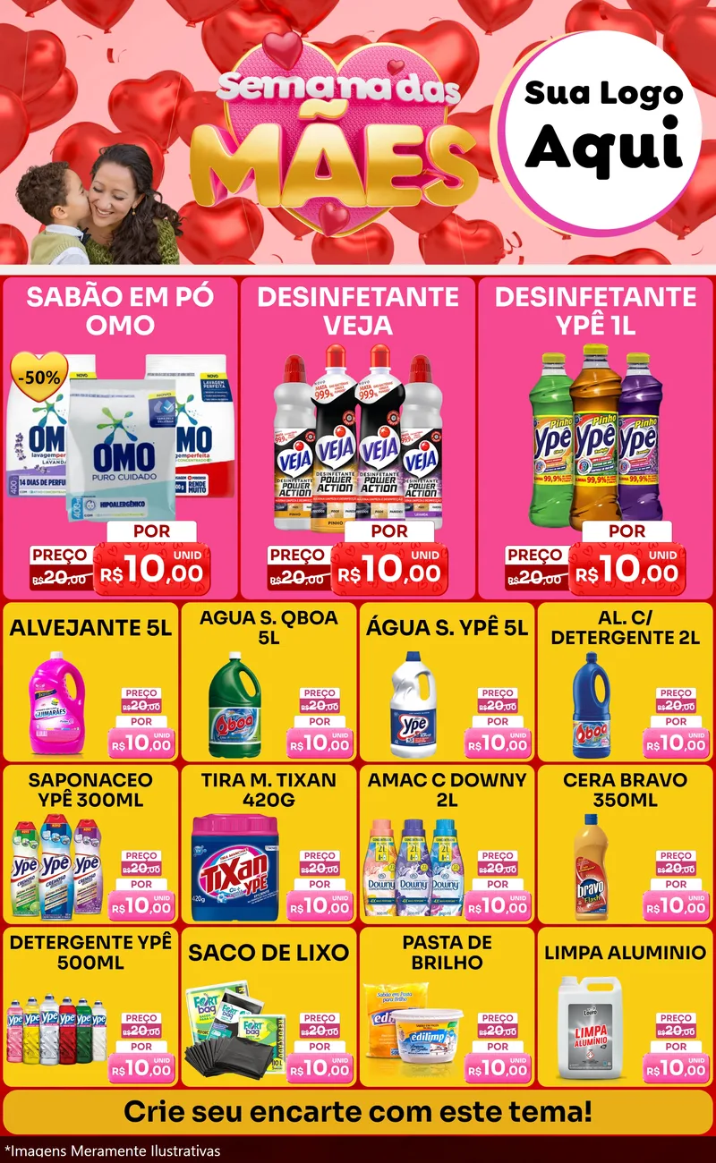 Modelo de Encarte para Encarte Grande com o tema Semana Das Mães para Produtos de Limpeza