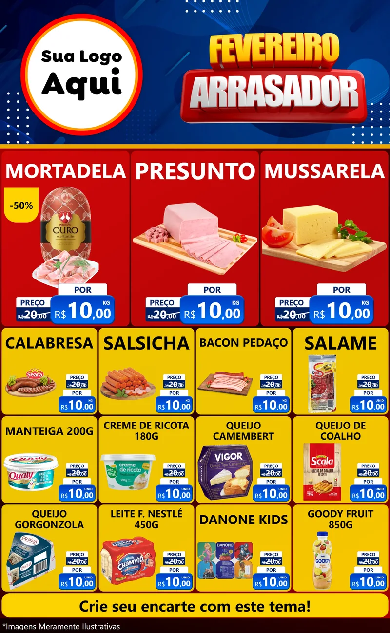Modelo de Encarte para Encarte Grande com o tema Fevereiro Arrasador para Frios e Laticínios